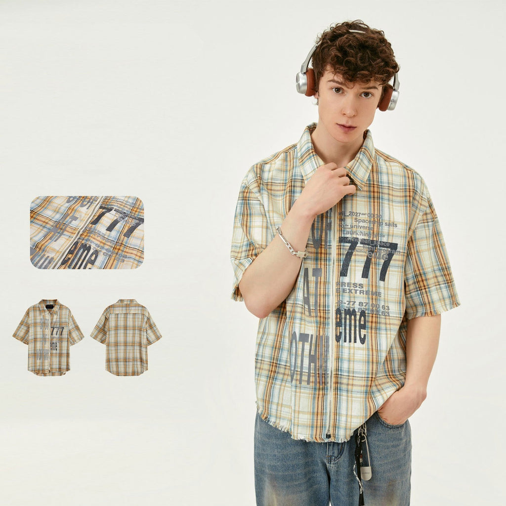 Printed Washed Tassel Short Sleeve Plaid Shirt