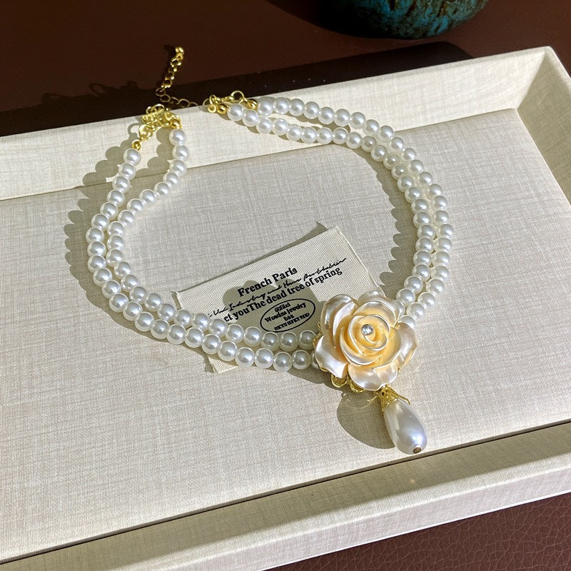 French Style Multi-layer 3D Camellia Flower Pearl Necklace Clavicle Chain Sweater Chain Women Neck Jewelry For Daily Dating Banquet Party Occasions