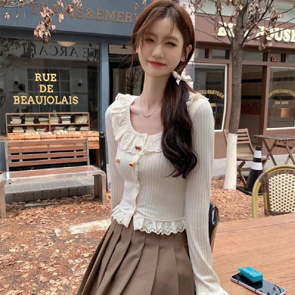 Slim Fit All-matching Long Sleeve Top Ruffled Knitted Cropped T-shirt Tide