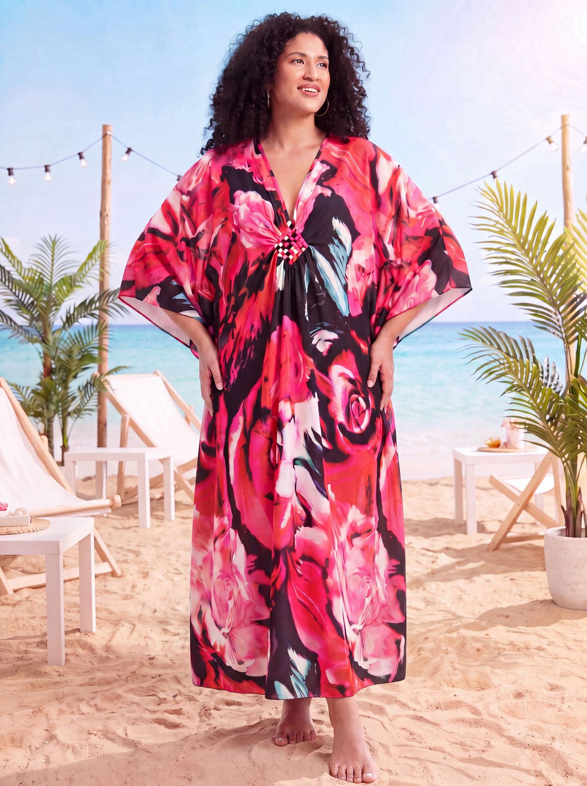 Red Floral Kaftan Beach Outerwear Long Bathing Suit Cover Up Maxi Beach Dress Loungewear