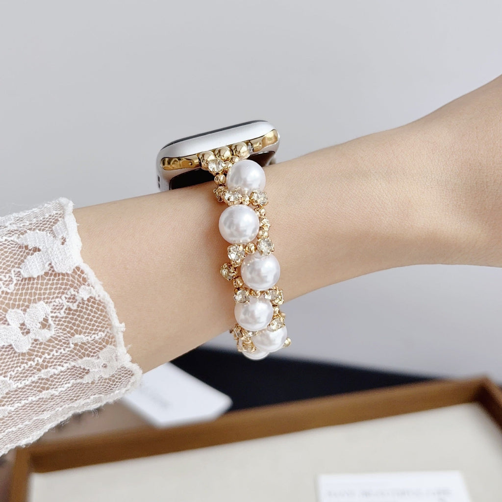 Exquisite French-style IWatch 10 Strap With Sparkling Diamond And Pearl Bracelet