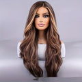26-inch Elegant Women's Wig Brown Mixed Color Wavy Long Hair Synthetic Fiber Rose Mesh Cap Daily Wear
