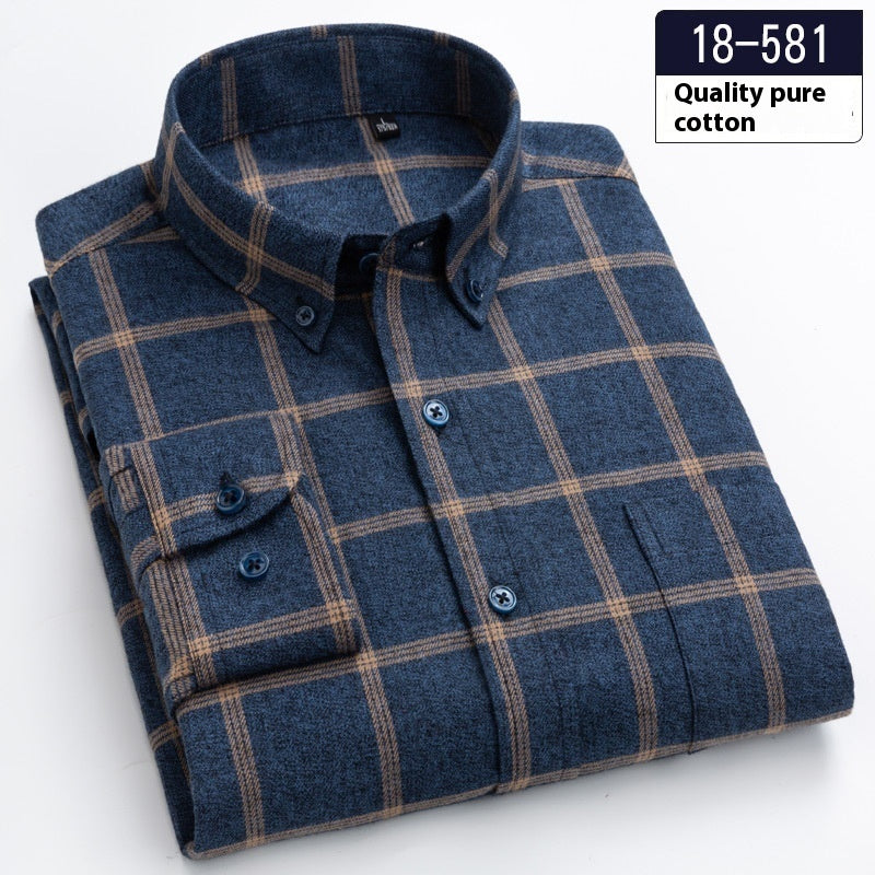 Cotton Brushed Plaid Long Sleeve Business Casual Men's Shirt