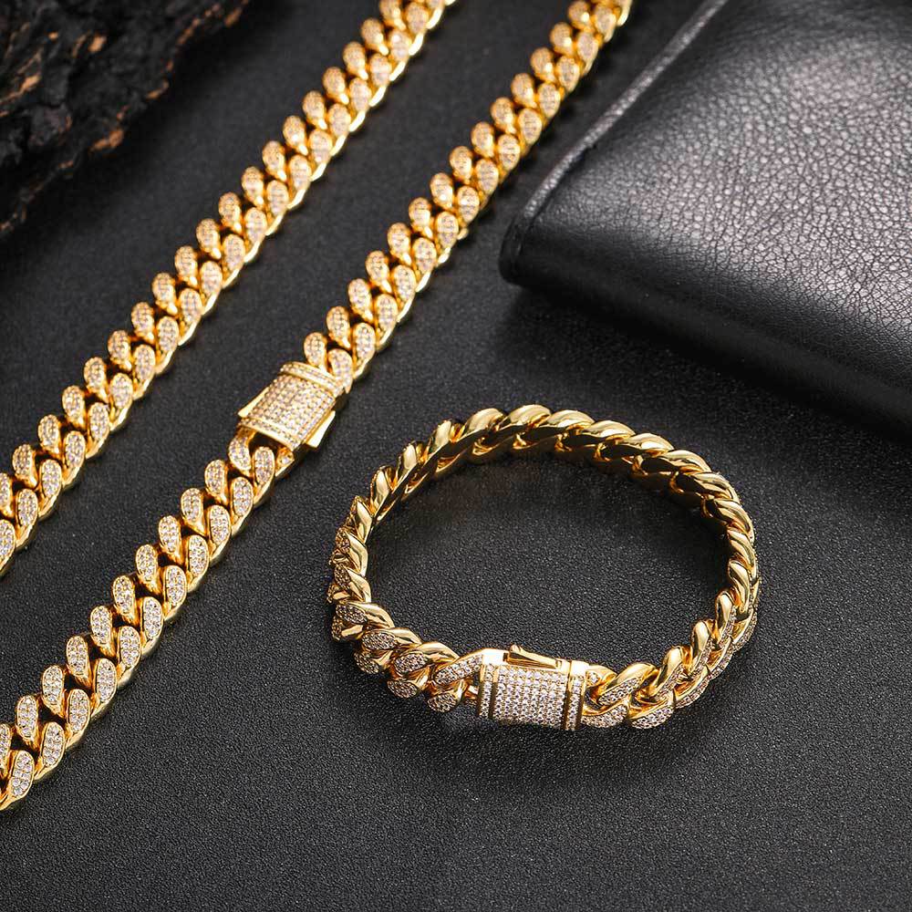 European Hip Hop Ornament 12mm Spring Fastener Double Row Zircon Necklace Bracelet