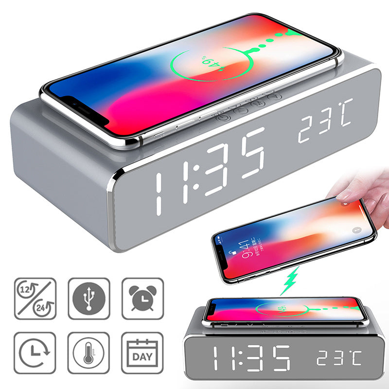 LED Alarm Clock Wireless Charger Thermometer Mirror Clock