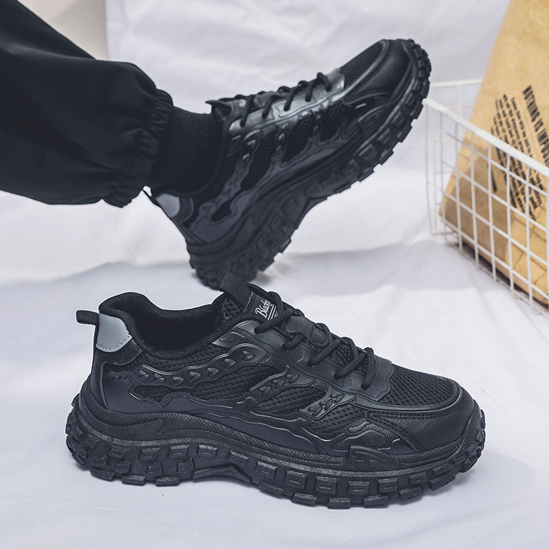 Men Black Safety Work Sneakers, Breathable Anti-slip Tire Sole Height Boost Trendy Dad Shoes