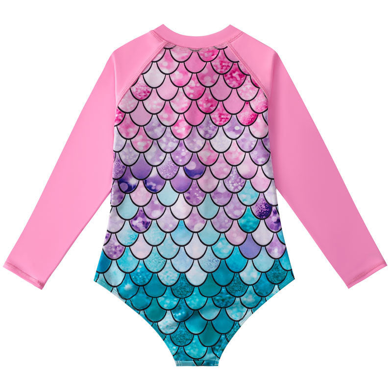 Children's Mermaid Scale One-Piece Swimsuit with Long Sleeves
