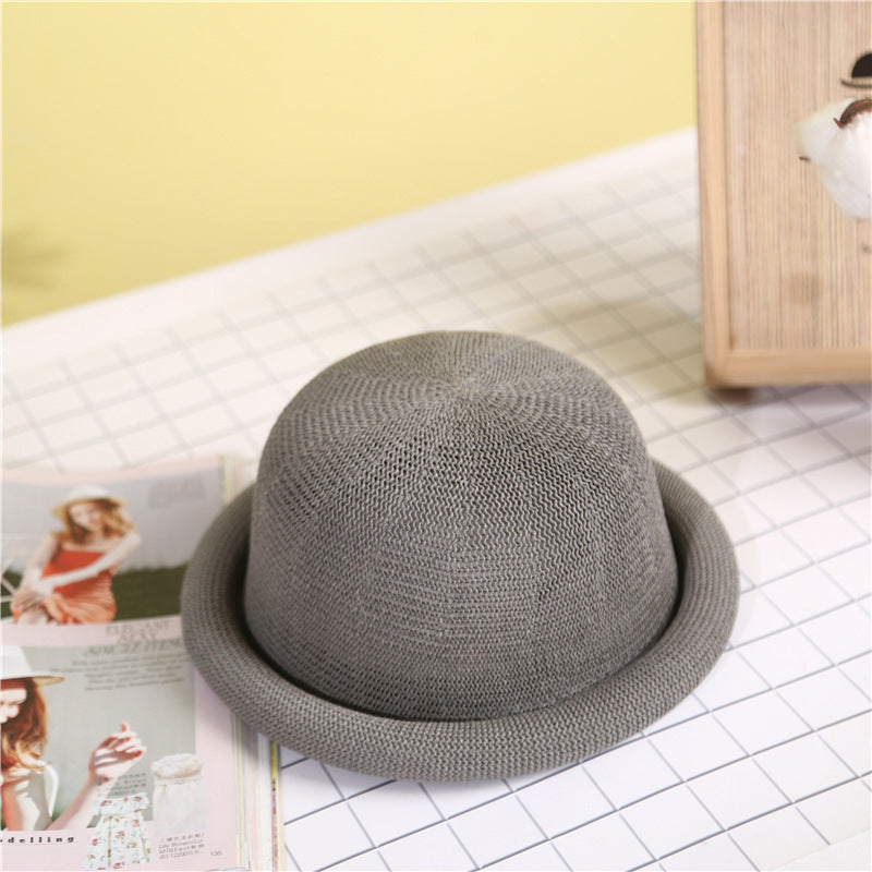 Women's Straw Yarn Curled Brim Round Crown Top Hat Leisure Basin Hat