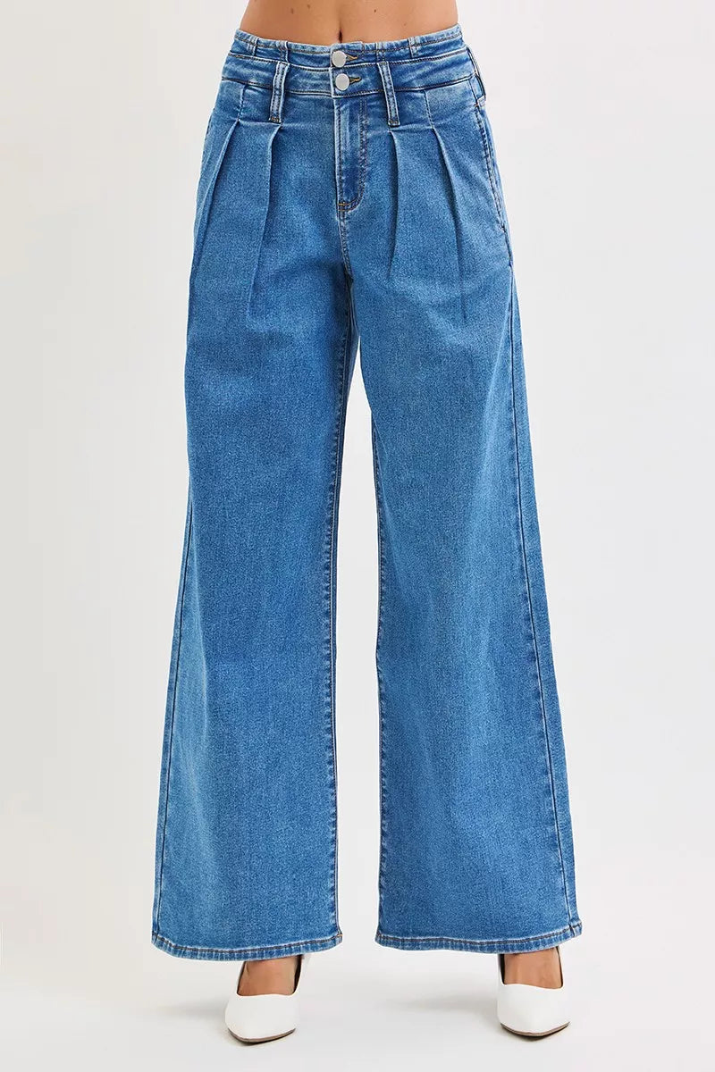 RISEN Full Size Mid Rise Fit Wide Leg with Pleated Detail Jeans Plus Size