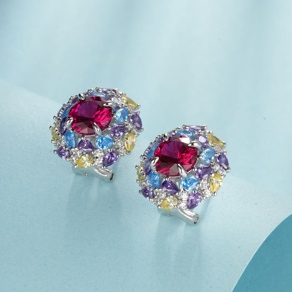 S925 Silver 6.5g 2ct Lab-Created Ruby Earrings, Multicolor Cluster, Pair