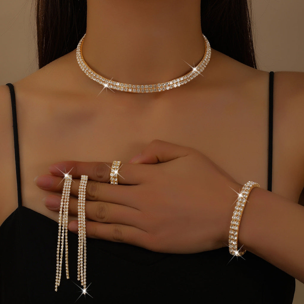 Eco-friendly Zircon Double Layer Choker Tassel Necklace Earrings Ring Bracelet 4Pcs Set Women Jewelry Set For Daily Dating Banquet Party Occasions