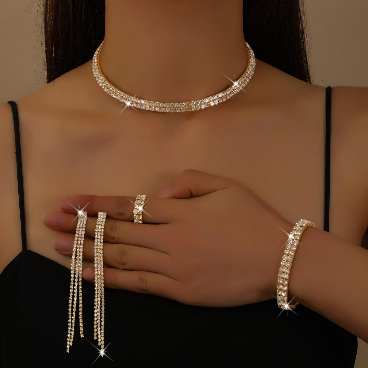 Eco-friendly Zircon Double Layer Choker Tassel Necklace Earrings Ring Bracelet 4Pcs Set Women Jewelry Set For Daily Dating Banquet Party Occasions