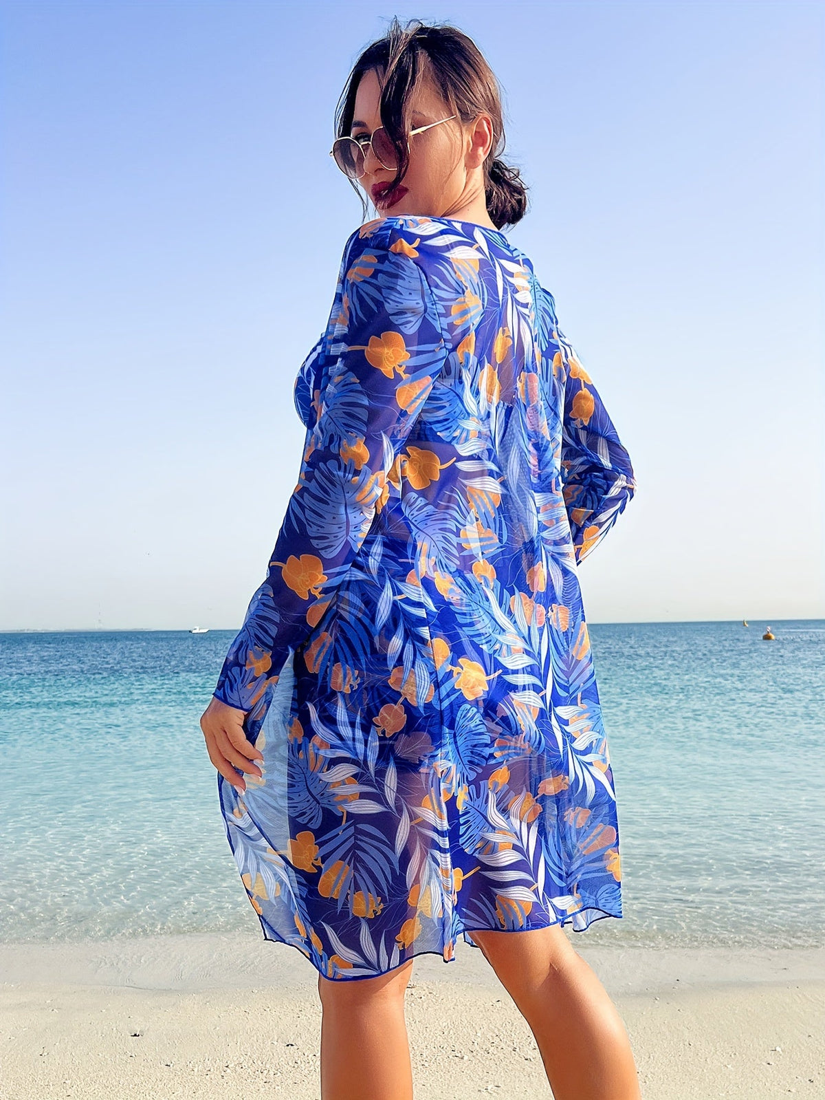 Luxe Lines 3-Piece Geometric Bikini Set for Women – High Rise Drawstring Bikini with Boxer Shorts & Long Sleeve Sheer Kimono Cover-Up – Bold & Breezy Women’s Swimwear for Summer Beach Pool & Getaways