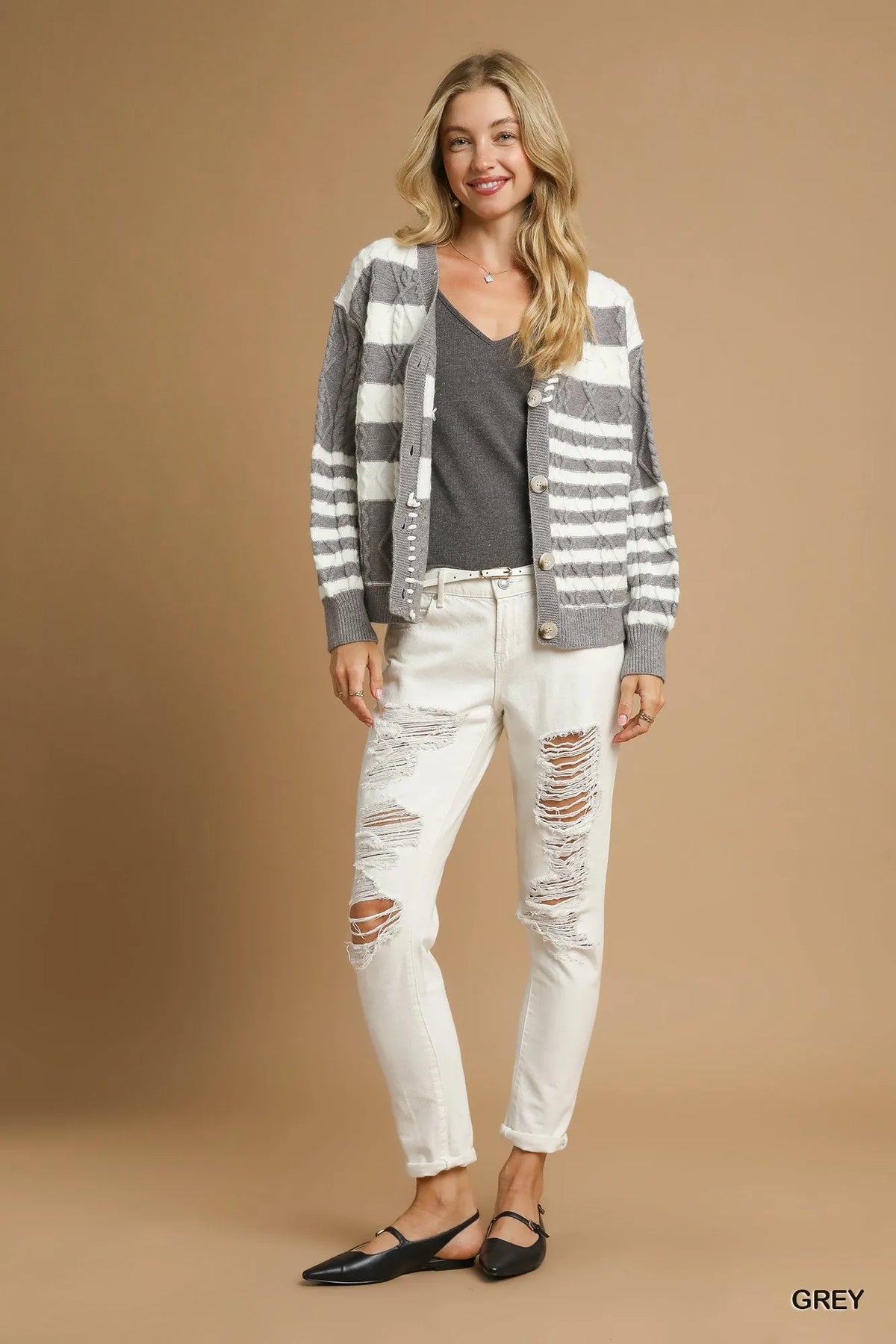 Umgee Cable-Knit Stripe Button-Up Cardigan