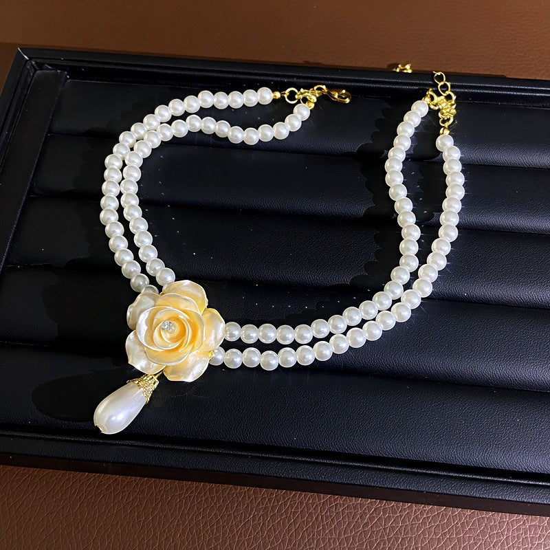 French Style Multi-layer 3D Camellia Flower Pearl Necklace Clavicle Chain Sweater Chain Women Neck Jewelry For Daily Dating Banquet Party Occasions