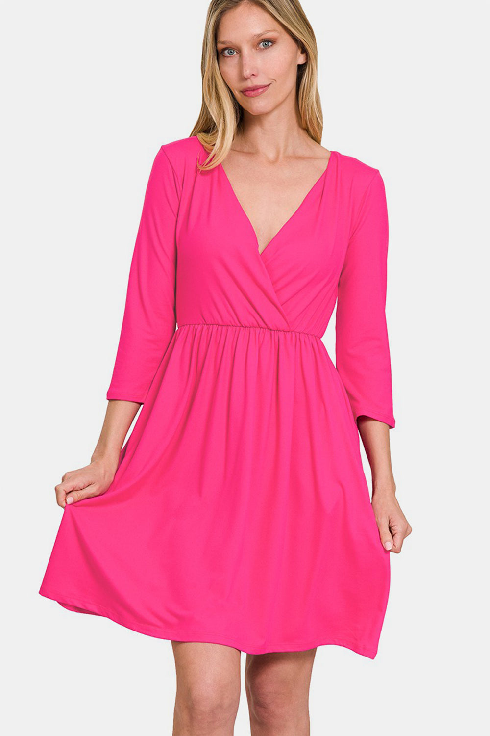 Three-Quarter Sleeve Surplice Dress with Pockets – Surplice Neckline Dress, Three-Quarter Sleeve Dress, Pocketed Mini Dress, Flattering Surplice Dress, Casual Surplice Dress, Elegant Mini Dress, Feminine Mini Dress