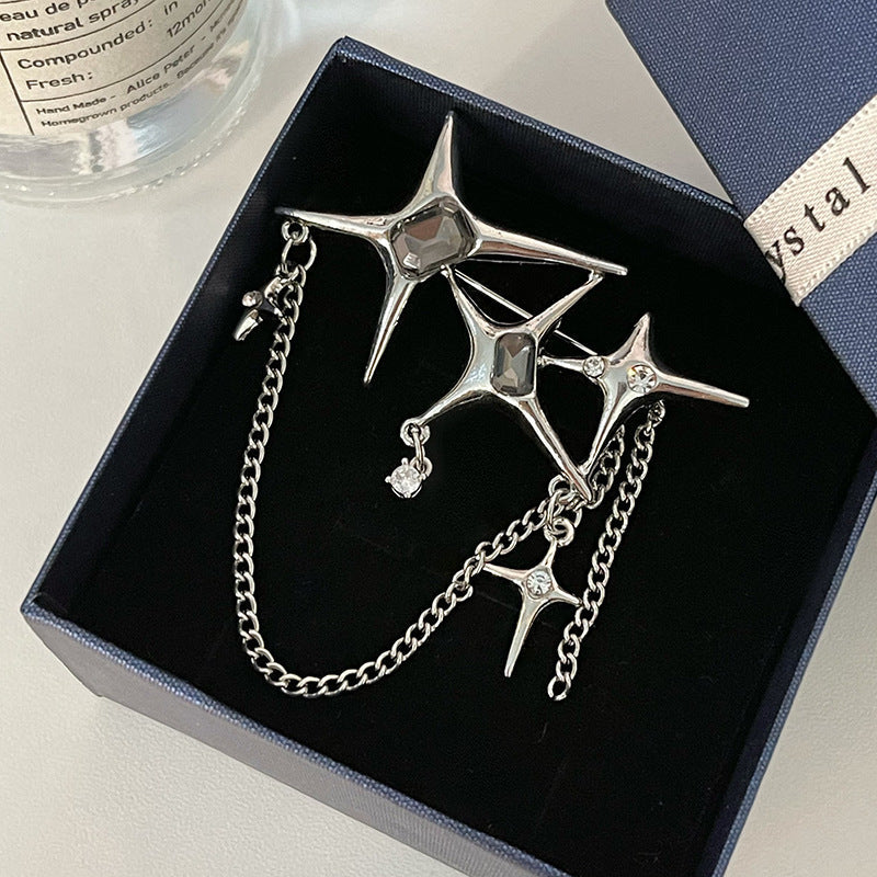 Four Eight-Pointed Stars Zircon Chain Brooch