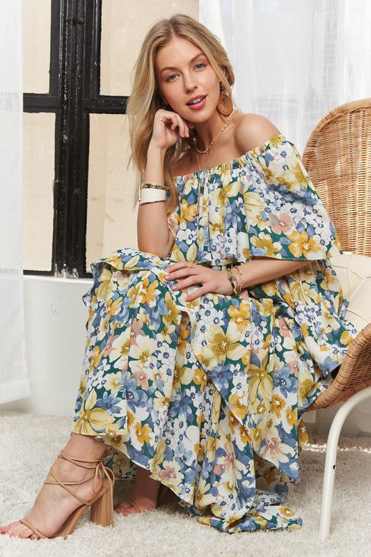 Layered Floral Off-Shoulder Short Sleeve Maxi Summer Dress For Women – Elegant and Feminine Floral Off-Shoulder Maxi Dress with Ruffled Layers for a Romantic Look