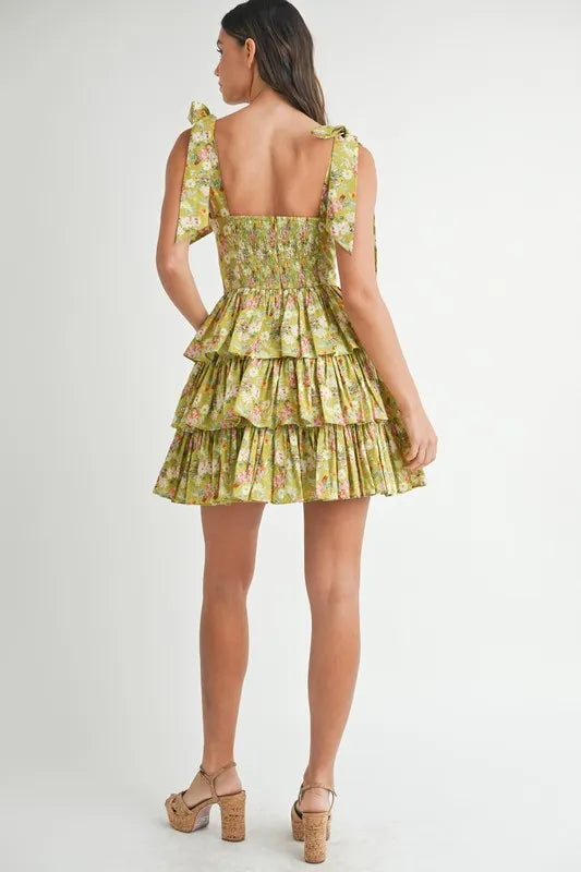 Floral Print Shoulder Tie Layered Mini Dress For Women – Fresh Floral Design, Fluttering Adjustable Shoulder Tie, Layered Mini Dress, Trendy Summer Outfit
