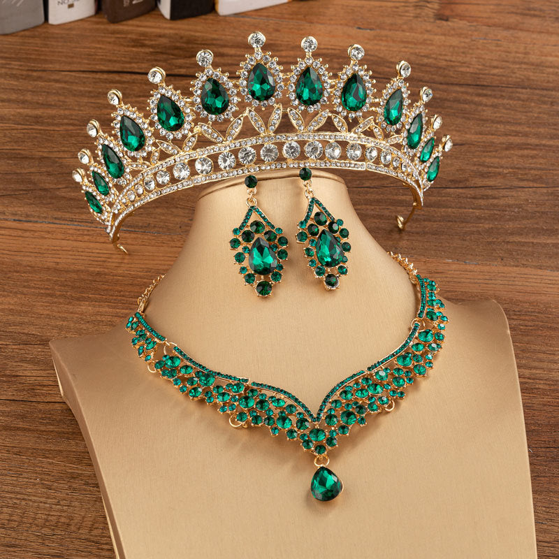 Elegant Bridal Alloy Diamond Crown Set with Exquisite Earrings and Necklace in 5 Colors