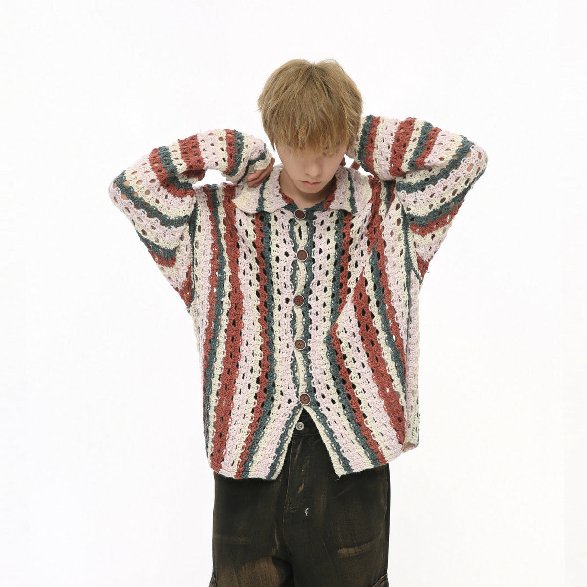 Rainbow Bar Contrast Color Hollow Knitted Cardigan