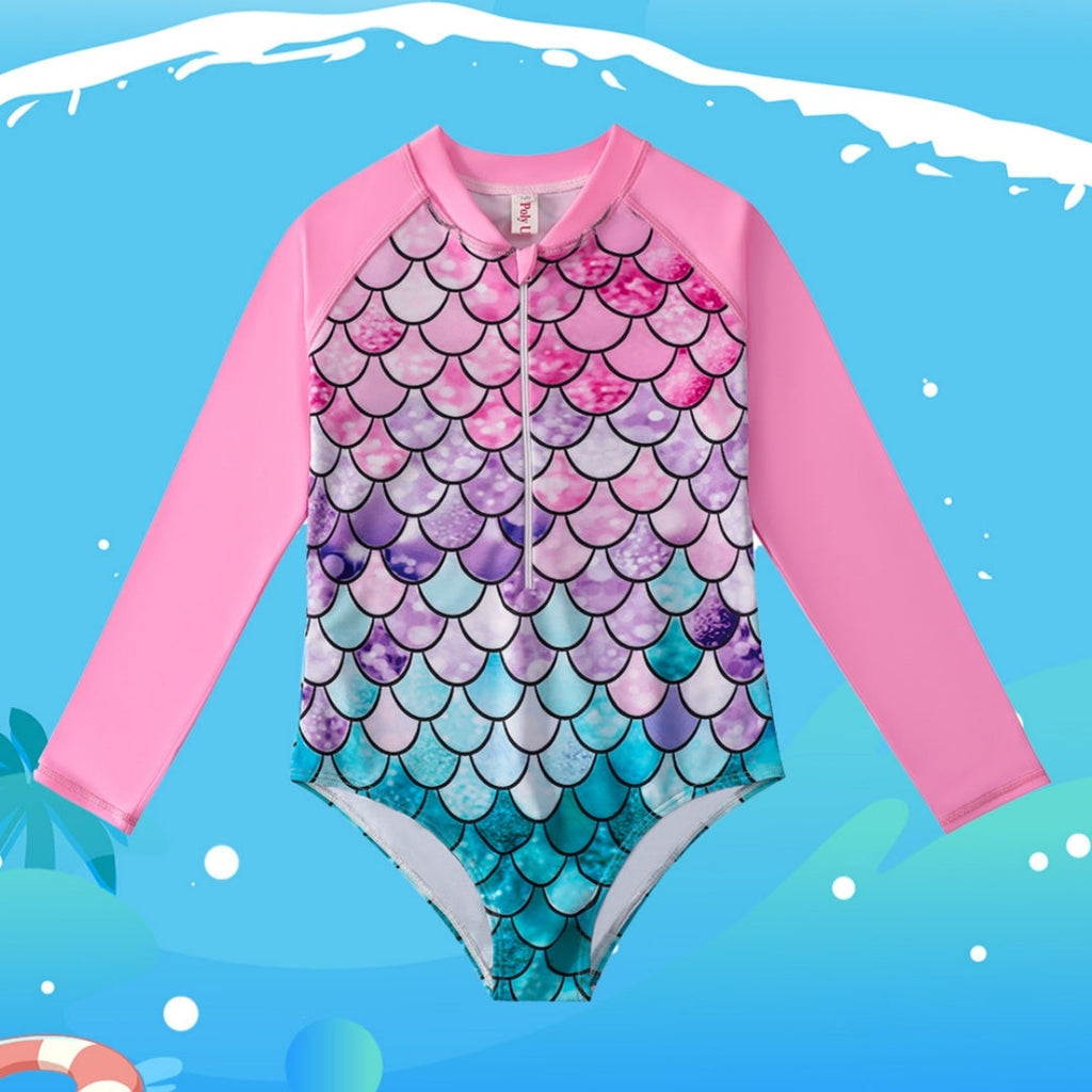 Children's Mermaid Scale One-Piece Swimsuit with Long Sleeves