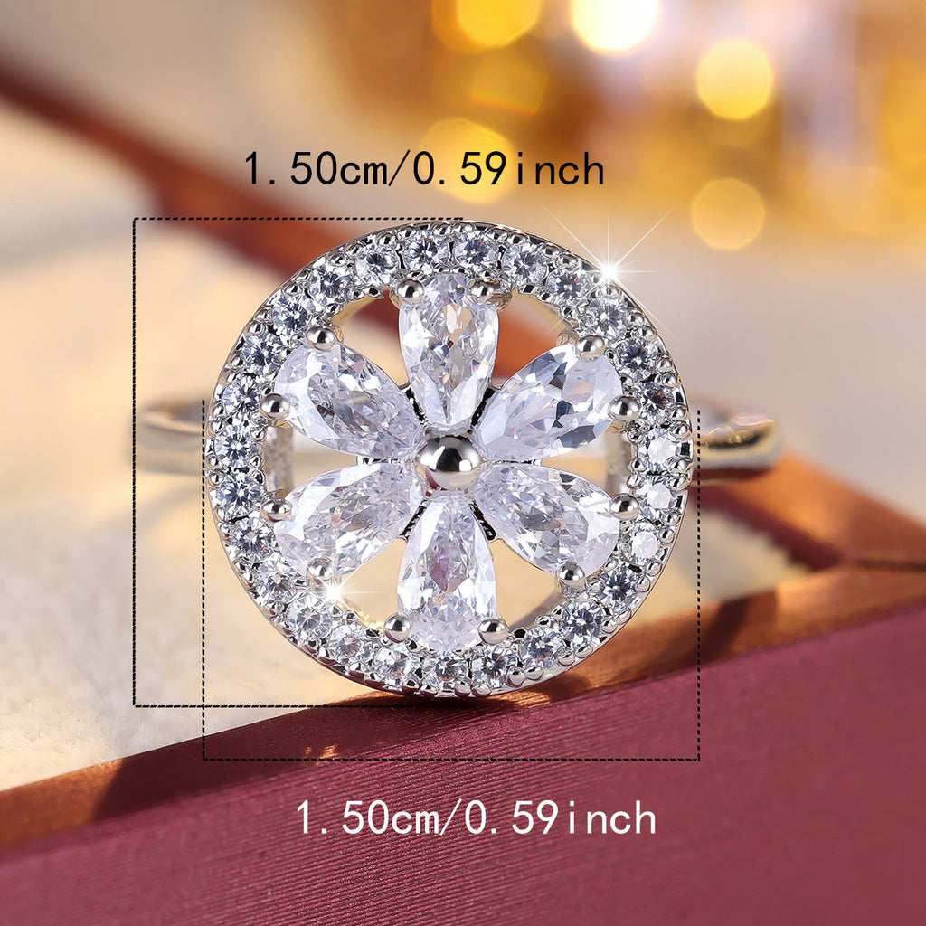 Luxury Pave Cubic Zirconia Flower Ring For Women, Minimalist Fashion Versatile Daily Wear Finger Ring