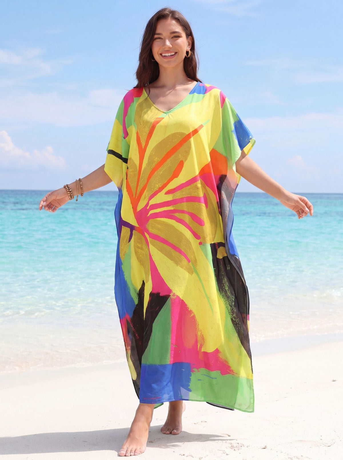 Women Flower Print Kaftan Dresses Plus Size Side Open Loungewear