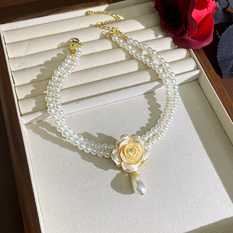 French Style Multi-layer 3D Camellia Flower Pearl Necklace Clavicle Chain Sweater Chain Women Neck Jewelry For Daily Dating Banquet Party Occasions