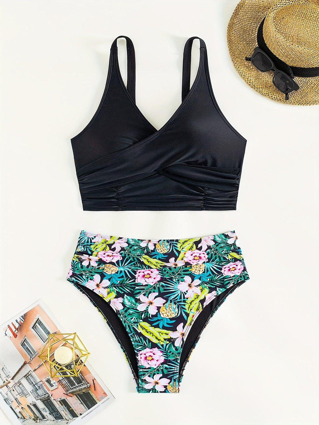 Bikini Solid Black Twist Front High Waist 2 Piece Swimsuit for Women – Stretchy V Neck Bikini Set with Ruched Tummy Control and Cross Strape Detail – Quick Drying Polyamide Swimwear for Beachwear Poolside and Summer Travel