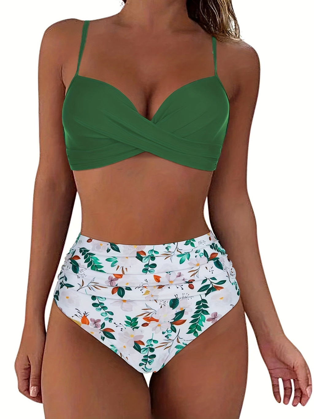 Tropical Vibe High Waist Bikini Set – Flirty V-Neck Swimsuit with Layered Colorblock High Cut Bottom Crisscross Strap Detail & Ultra-Stretch Comfort – Women's Two Piece Swimwear for Summer Beach Pool & Vacation Fun