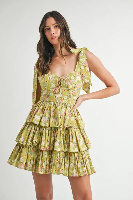 Floral Print Shoulder Tie Layered Mini Dress For Women – Fresh Floral Design, Fluttering Adjustable Shoulder Tie, Layered Mini Dress, Trendy Summer Outfit