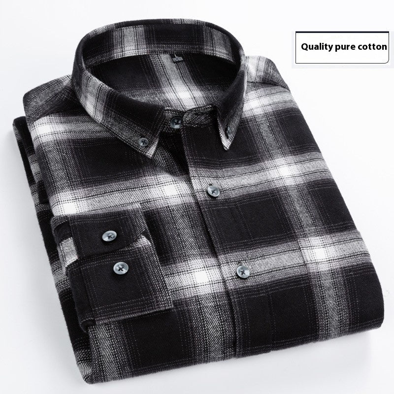Cotton Brushed Plaid Long Sleeve Business Casual Men's Shirt