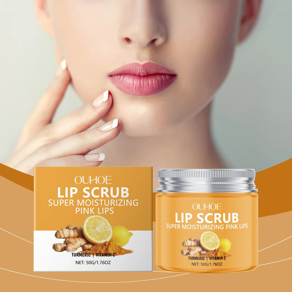 Ouhoe 50g Turmeric Lip Scrub Moisturizing Clean Dead Skin Exfoliating Plumping Lip Improve Dry Anti Crack Nourishing Lip Scrub