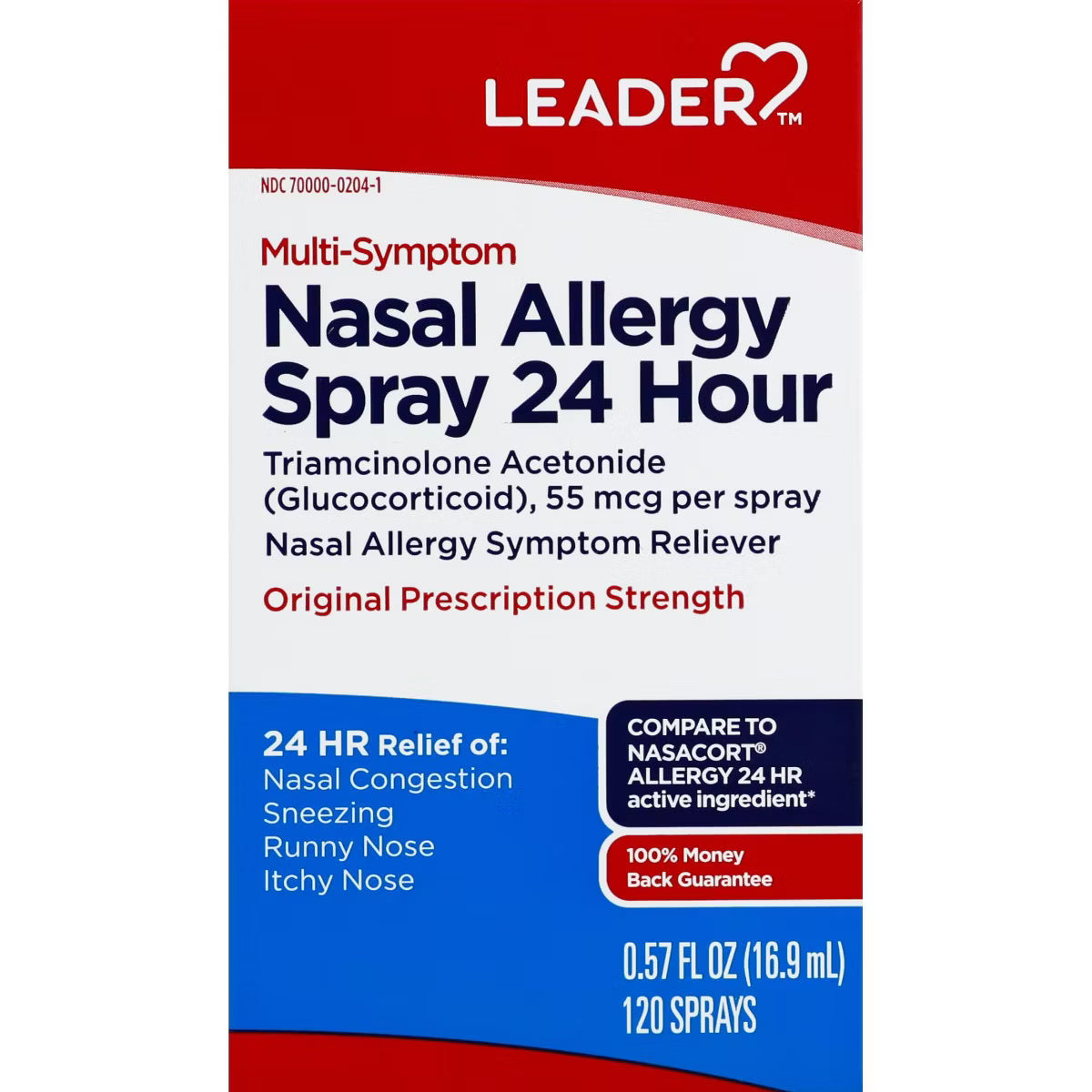 Leader 24-Hour Multi-Symptom Nasal Allergy Spray, Triamcinolone Acetonide 55 mcg, 0.57 fl oz