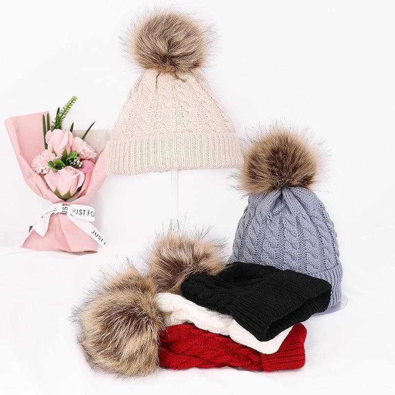Winter Warm Baby Hat Fur Pompom Knitted Baby Hat Cap Infant Toddler Kids Hat Beanie In Modern Designer Style