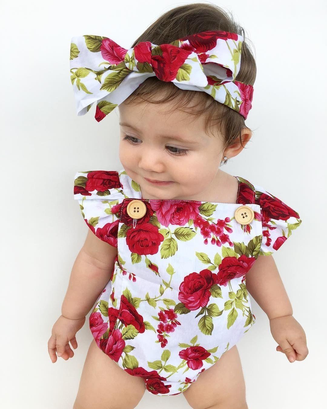Luxury Modern Cute Floral Romper Baby Girls Clothes Jumpsuit Romper Headband Toddler Dress With Bow For Girls