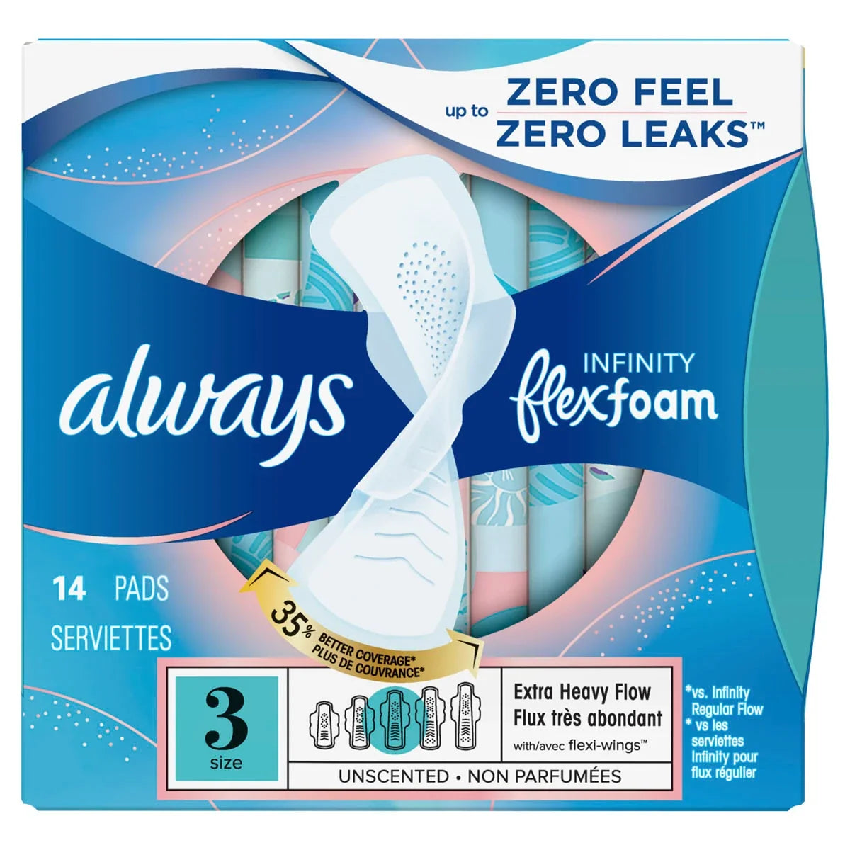 Always Infinity Size 3 Extra Heavy Flow Pads with Wings Unscented  14 count