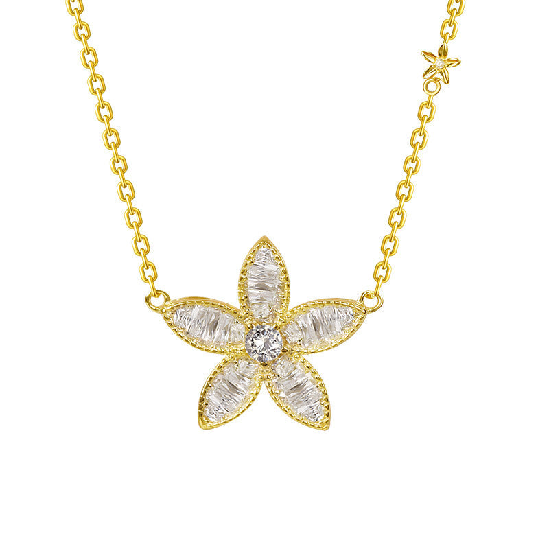 Sterling Silver Rhinestone Flower Pendant Necklace
