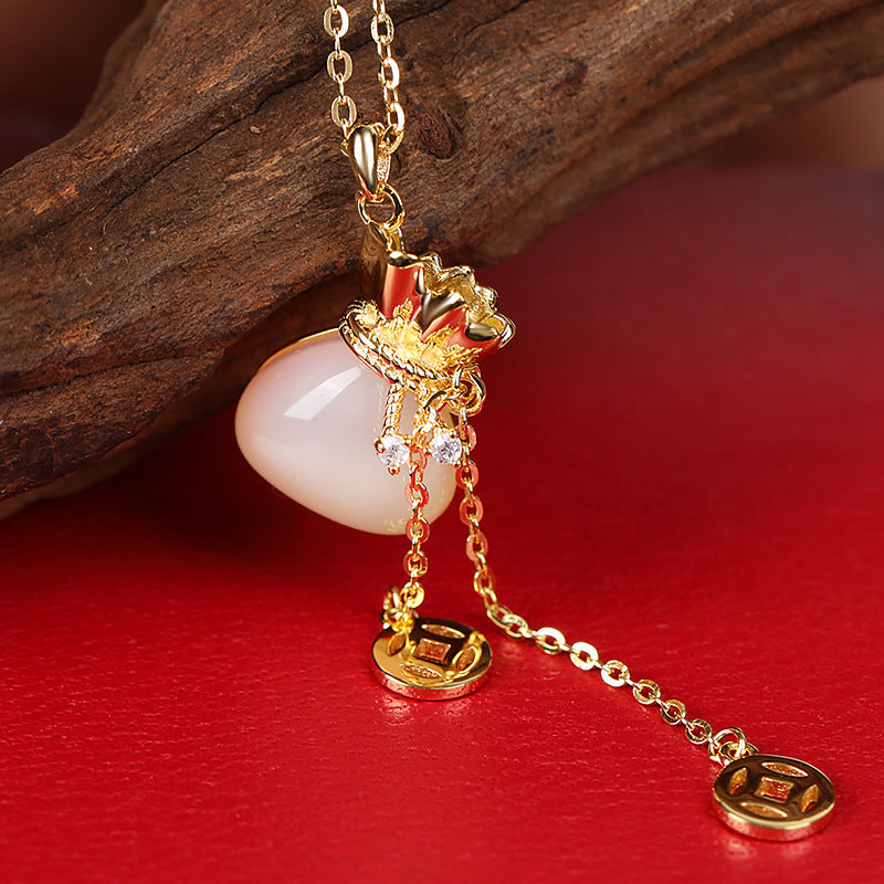 925 Silver Necklace with White Chalcedony Lucky Bag Pendant