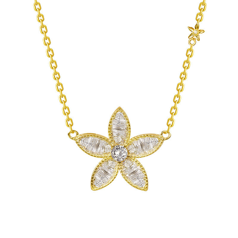 Sterling Silver Rhinestone Flower Pendant Necklace