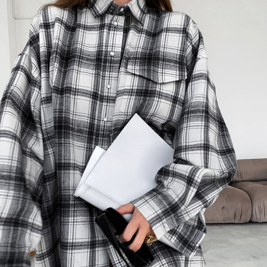 Black And White Plaid Shirt Loose Bandage Dress Women's
