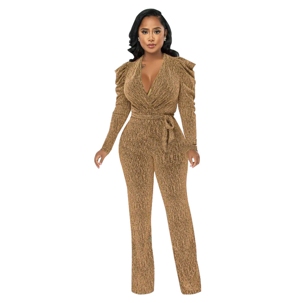 Sexy Waist Trimming V-neck Puff Sleeve Glossy Knitted Jumpsuit