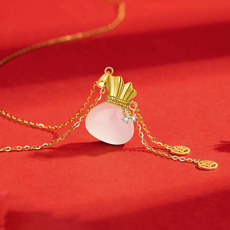 925 Silver Necklace with White Chalcedony Lucky Bag Pendant