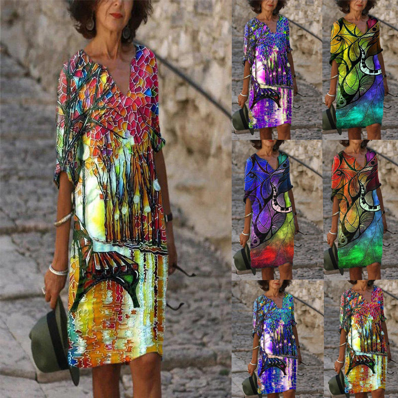 Women's Printed Loose Bamboo Fiber Linen Floral Short Sleeves