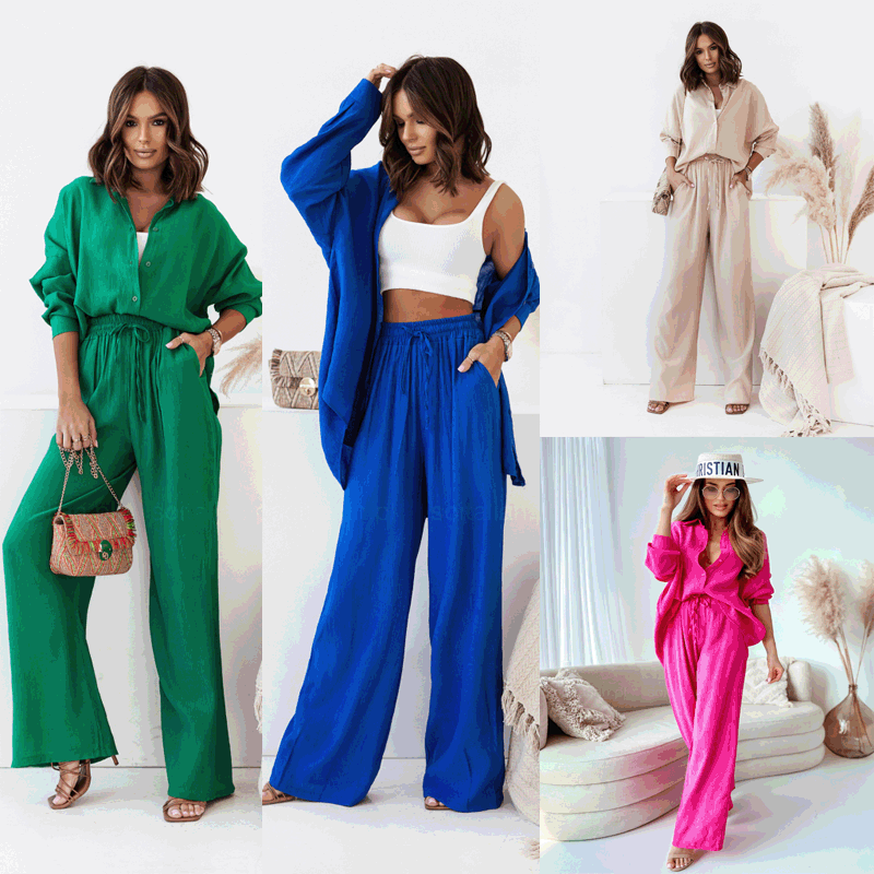 Solid Color Long Sleeve Blouse Pants