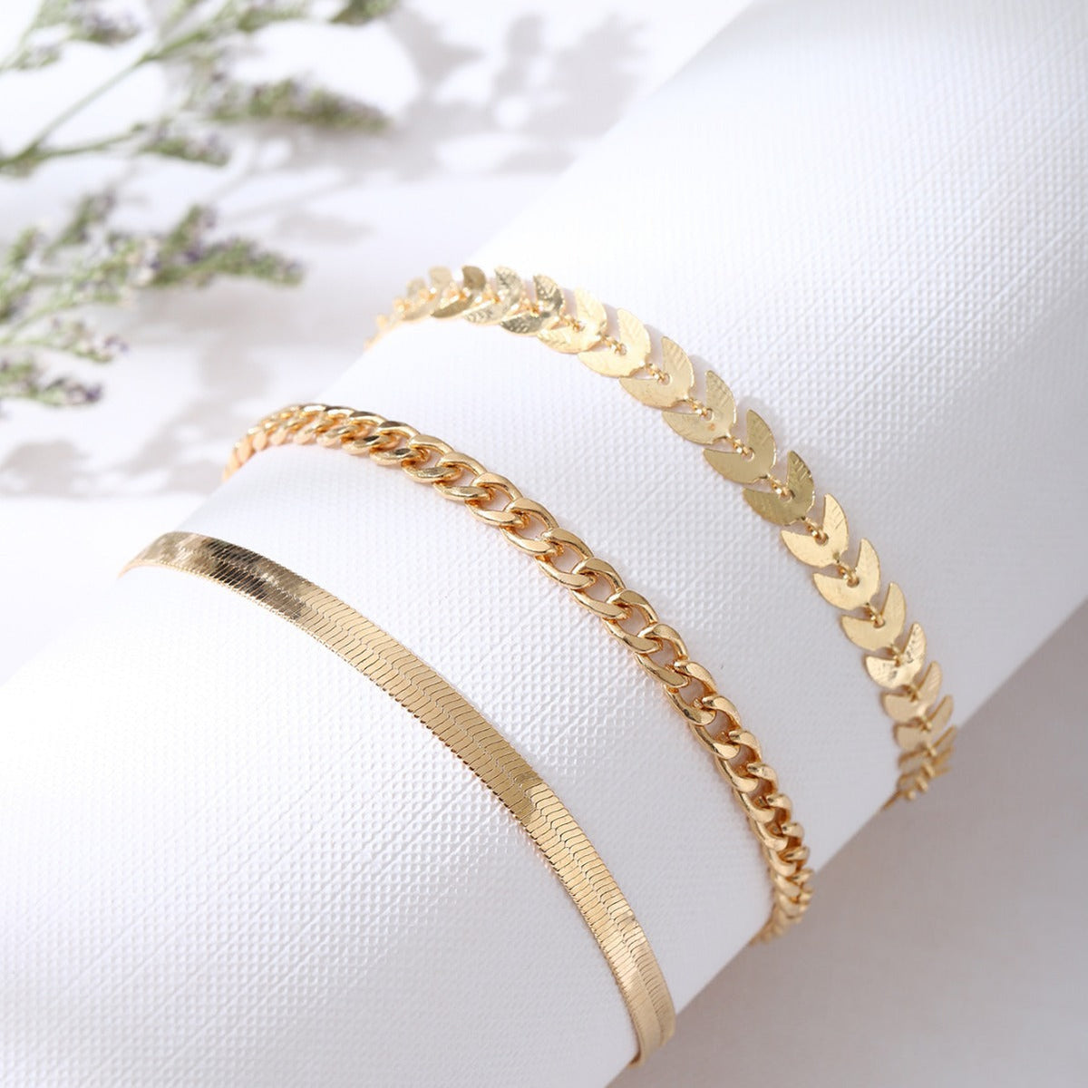 Flat Snake Wheat Chain Anklet Set