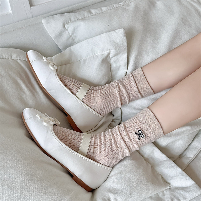 Bow Embroidery Hollow Thin Female Middle Tube Socks