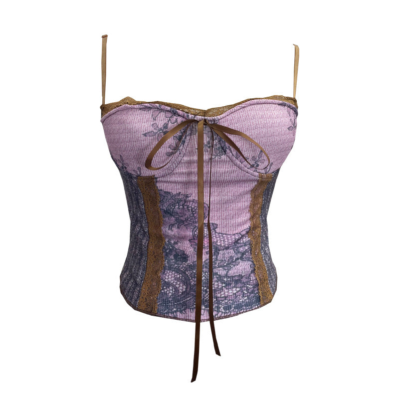 Vintage Ink Painting Lace-Up Tube Top with Chest Pad
