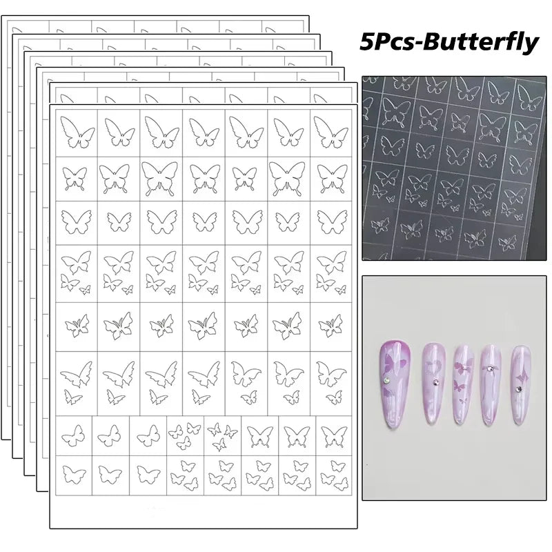 5Pcs Hollow Out Butterfly Nail Art Stencils Stickers Spray Painted Design Love Pattern Template Nail Decals Auxiliary Tools